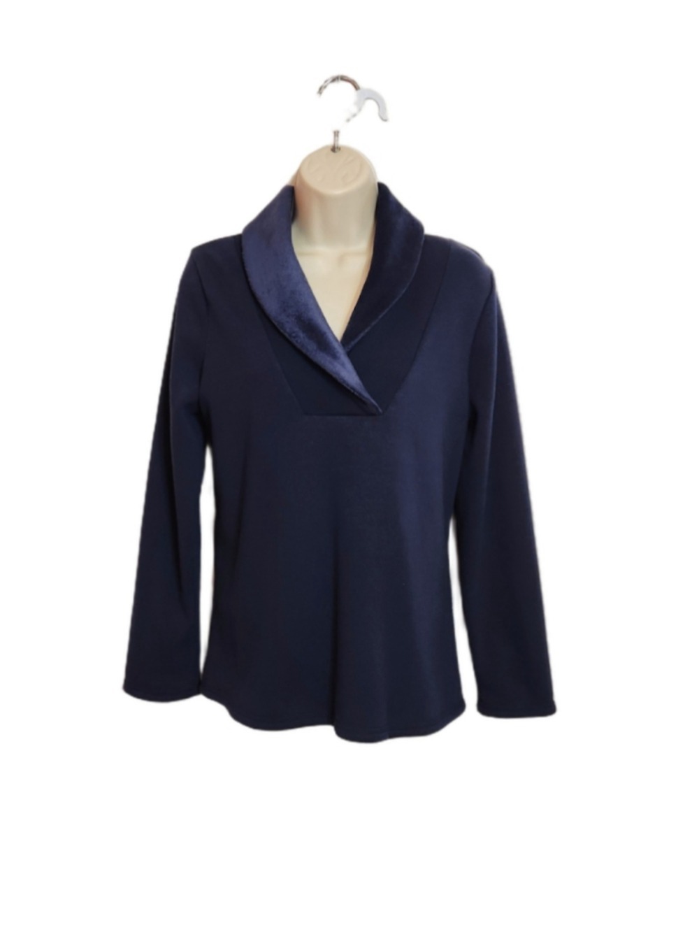 Appleseed's Petites Navy Velour-Lined Shawl Collar Pullover Knit Top Medium